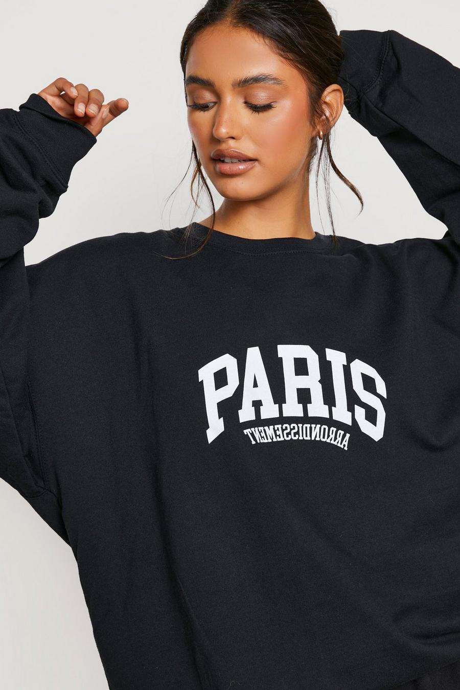 Black Paris Slogan Oversized Sweater  image number 1