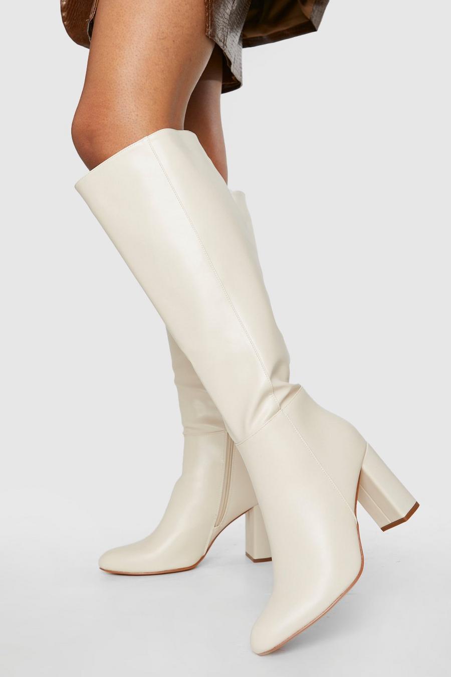 Ecru white Wide Fit Block Heel Knee High Pull On Boots image number 1