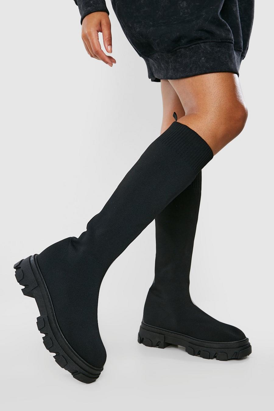 Black Wide Fit Knee High Knitted Chunky Boots image number 1