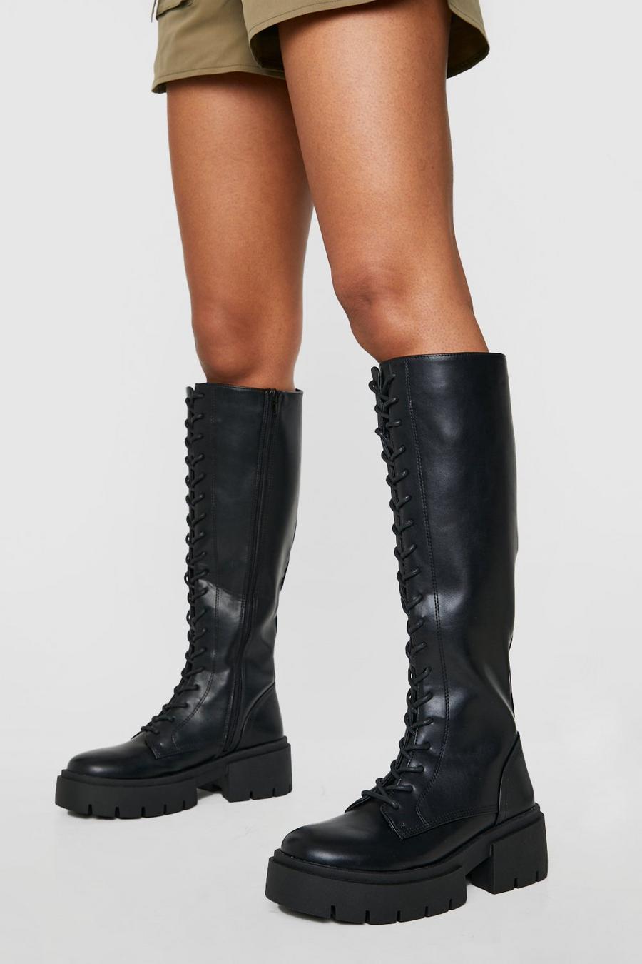 Black Wide Fit Knee High Lace Up Boots image number 1