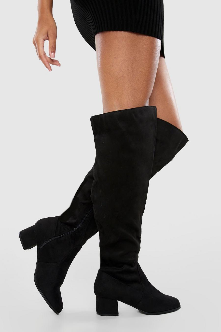 Black schwarz Wide Fit Block Heel Stretch Knee High Boots