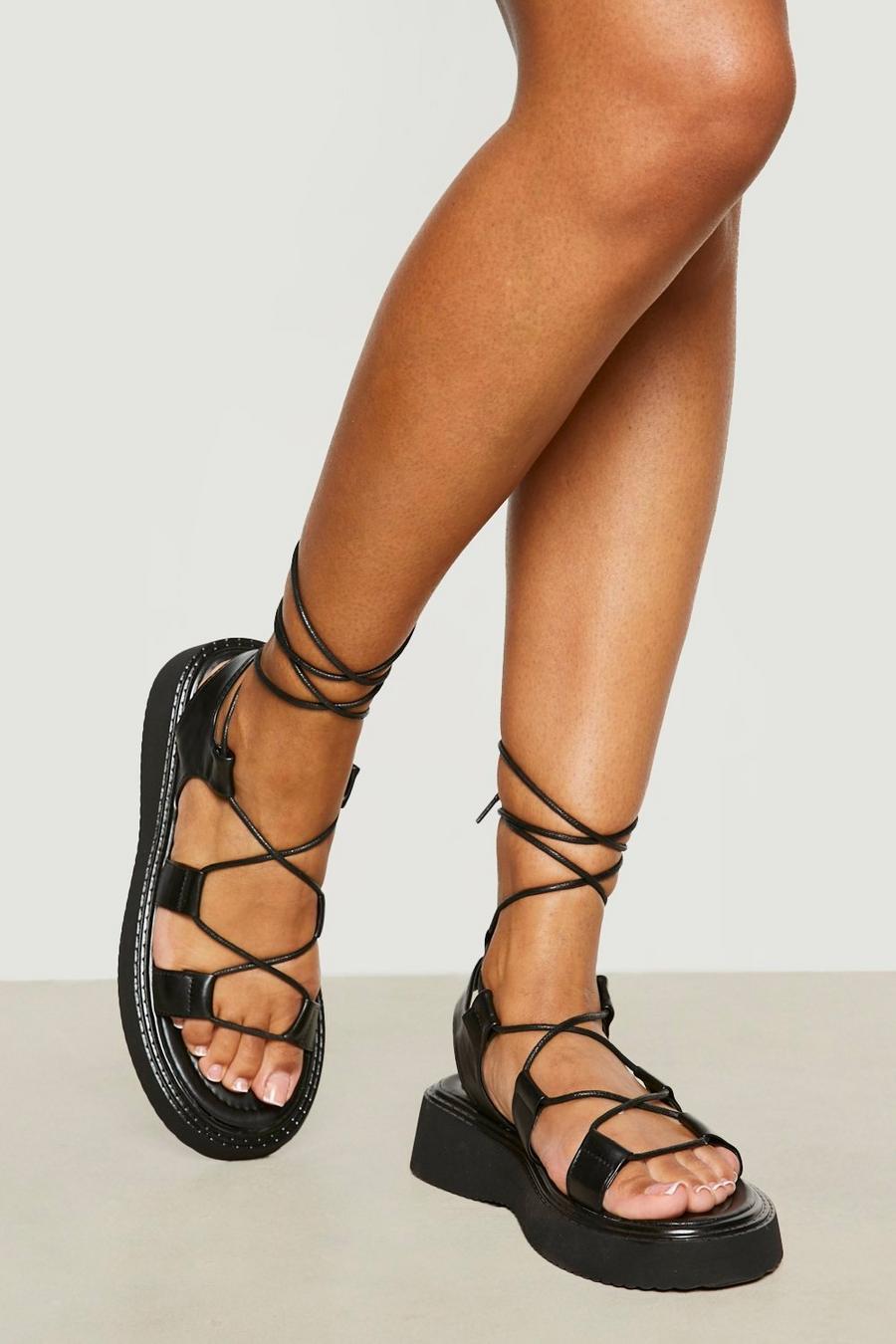 Black svart Chunky sandaler med knytband