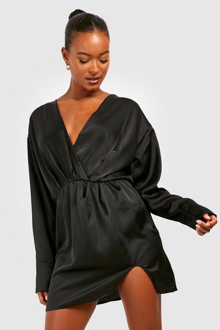 Black Tall Satin Plunge Wrap Mini Dress image number 1
