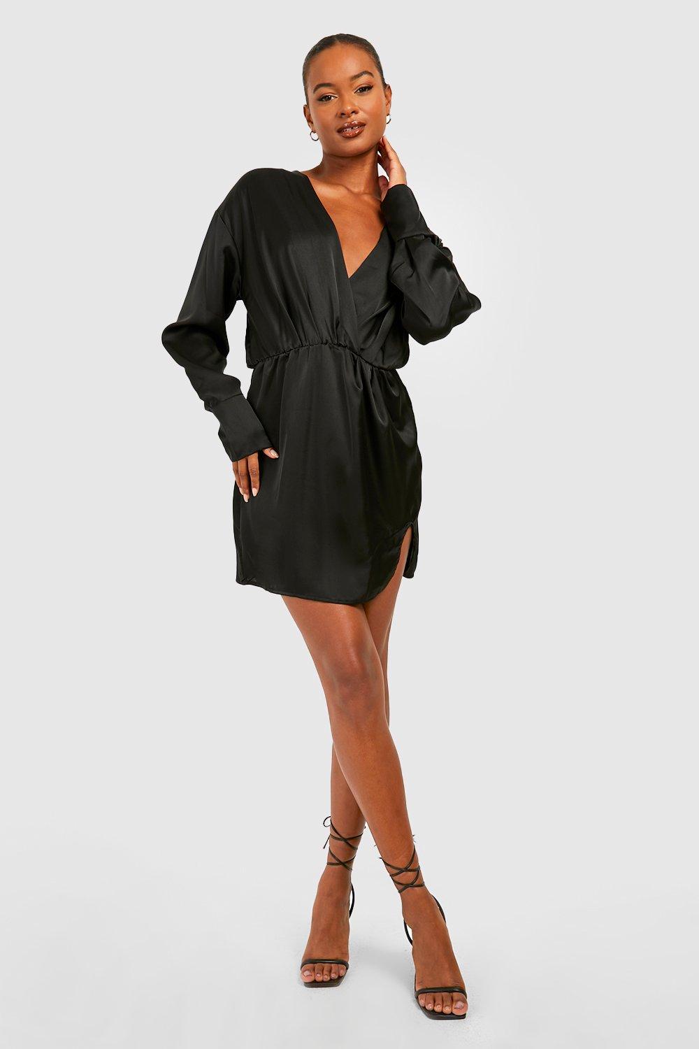 Black Satin Wrap Mini Dress