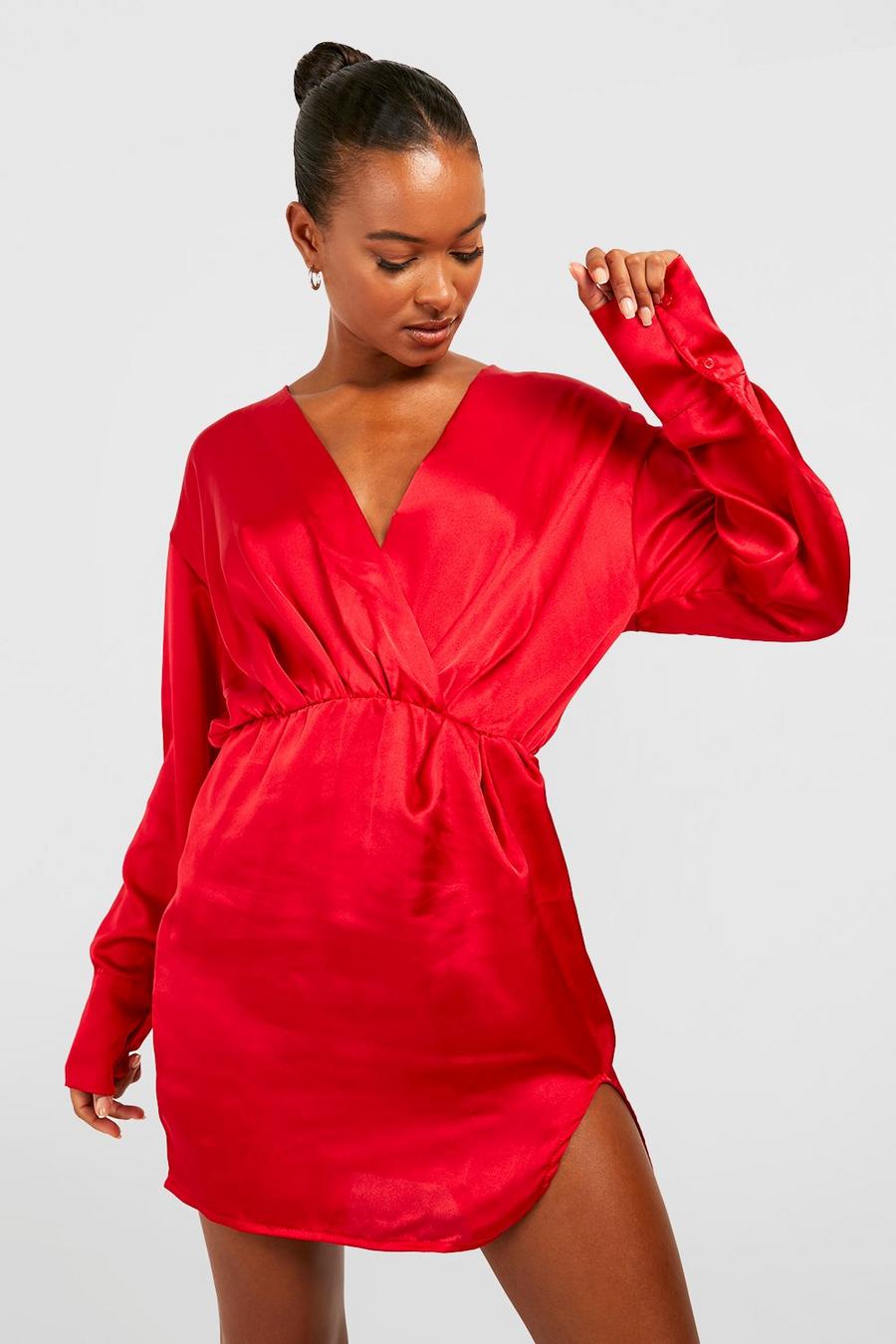 Red Tall Satin Plunge Wrap Mini Dress