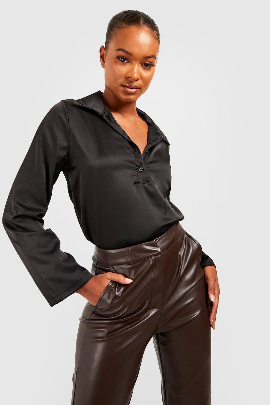 Black Tall Half Button Relaxed Satin Shirt image number 1