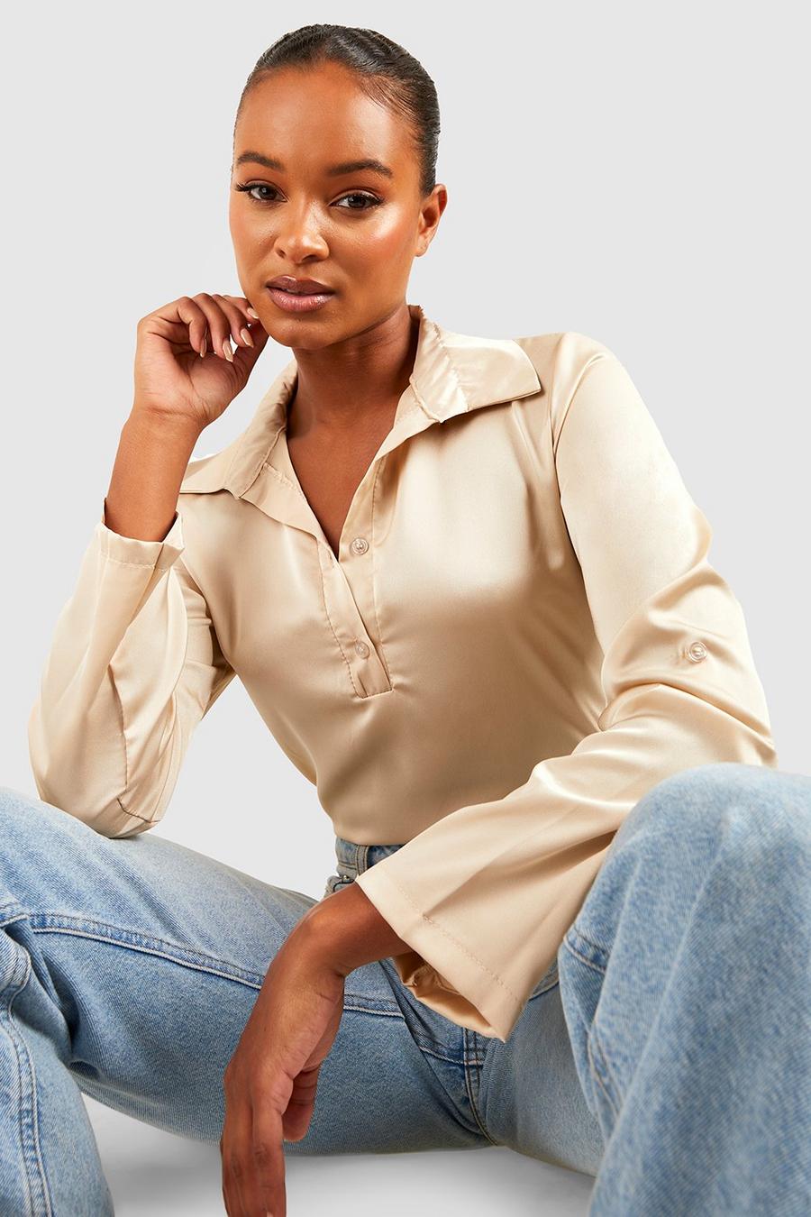 Champagne Tall Half Button Relaxed Satin Shirt image number 1