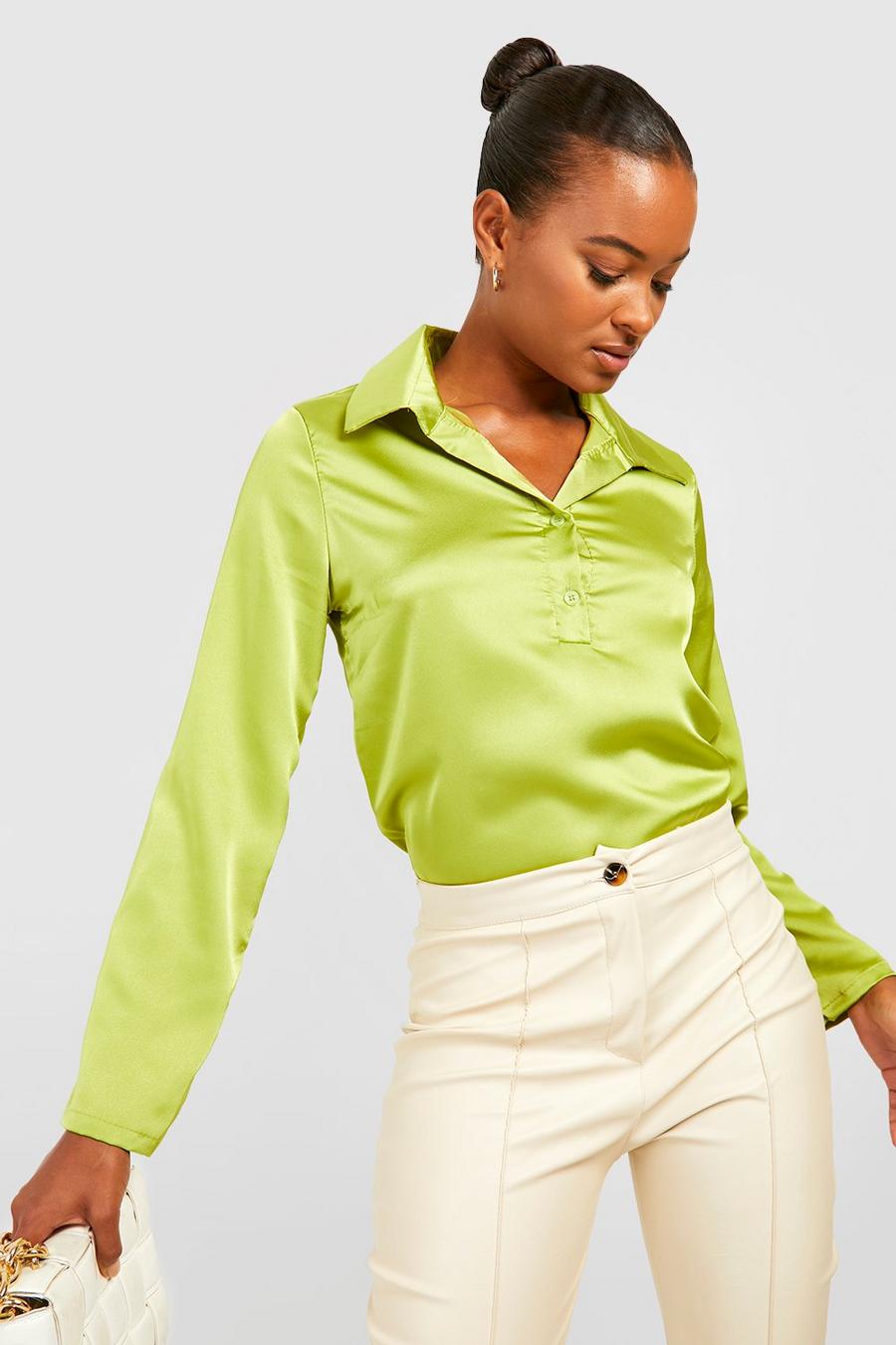 Olive Tall Half Button Relaxed Satin Shirt image number 1