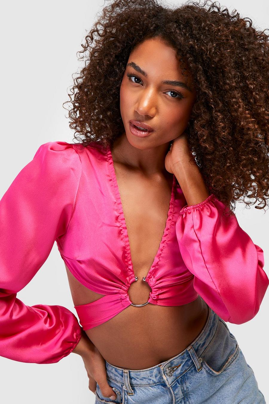 Crop top scaldacuore Tall in raso con maniche a palloncino, Hot pink image number 1