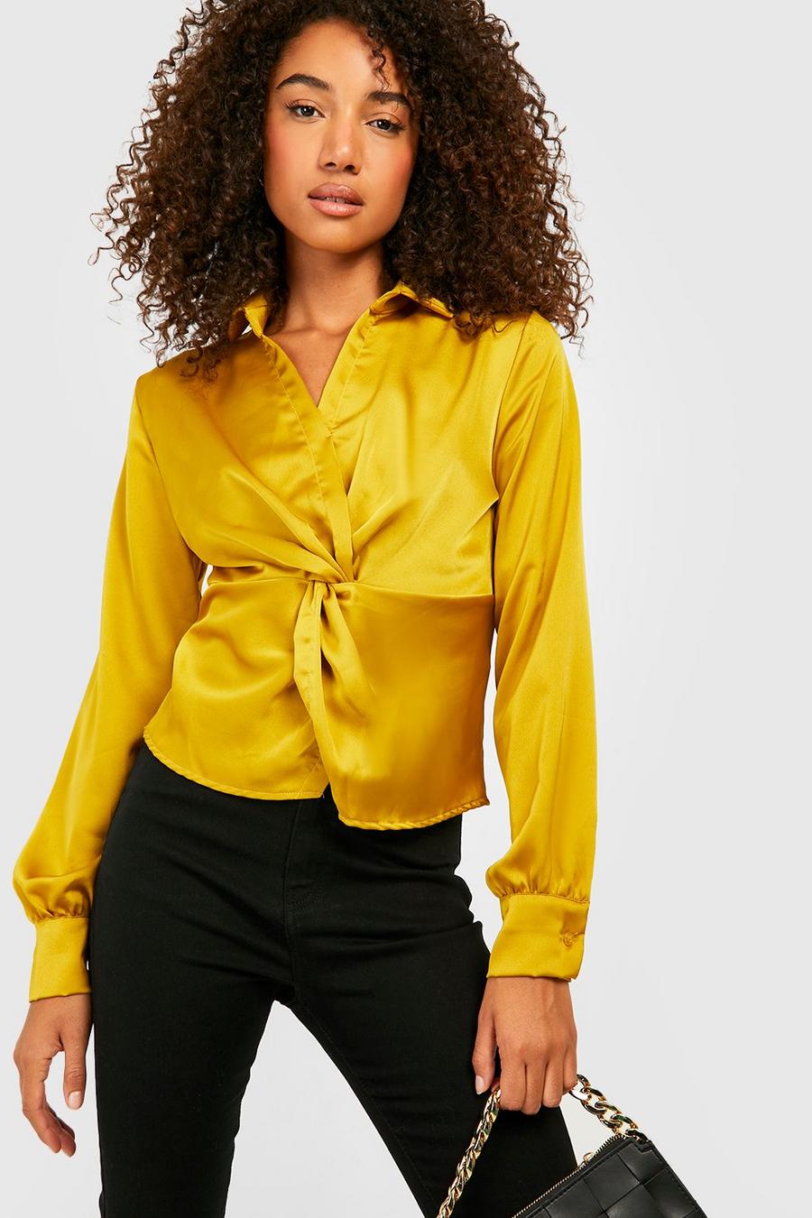 Mustard Tall Satin Twist Front Plunge Collar Top image number 1