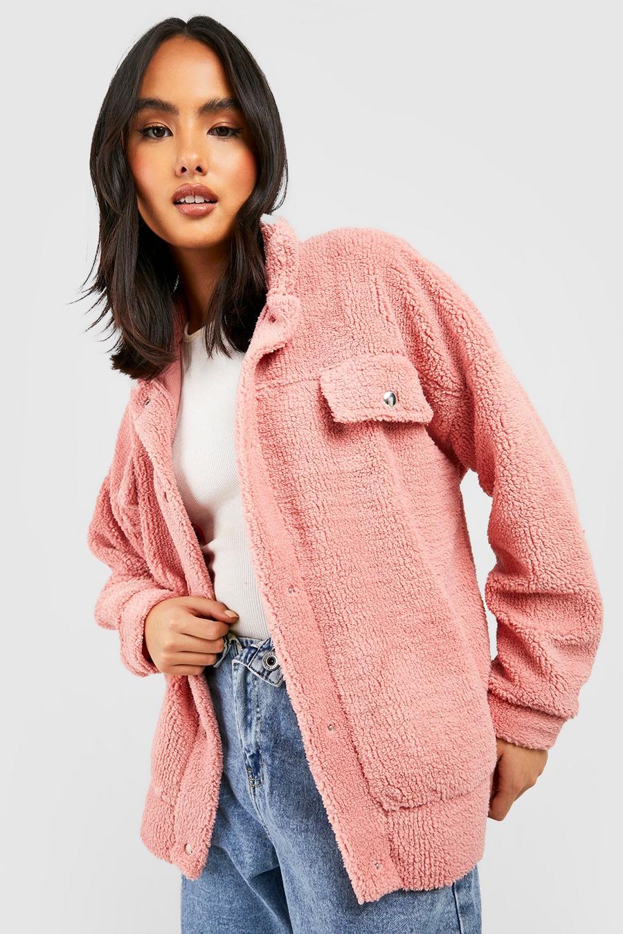 Camisa chaqueta estilo camionero de pelo sintético, Dusky pink rosa