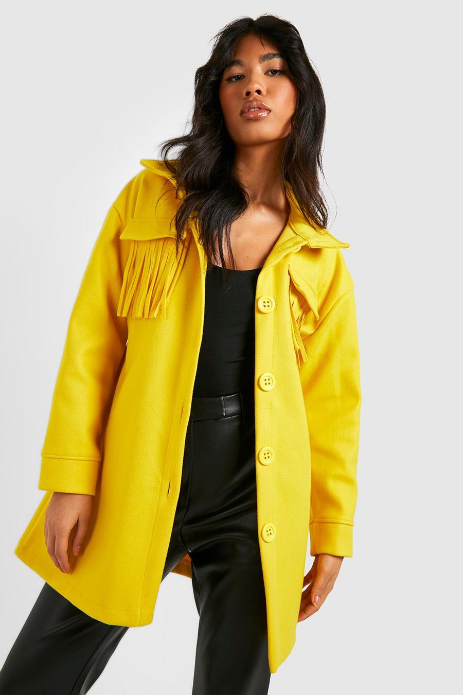 Camisa chaqueta efecto lana con cinturón y flecos, Mustard amarillo