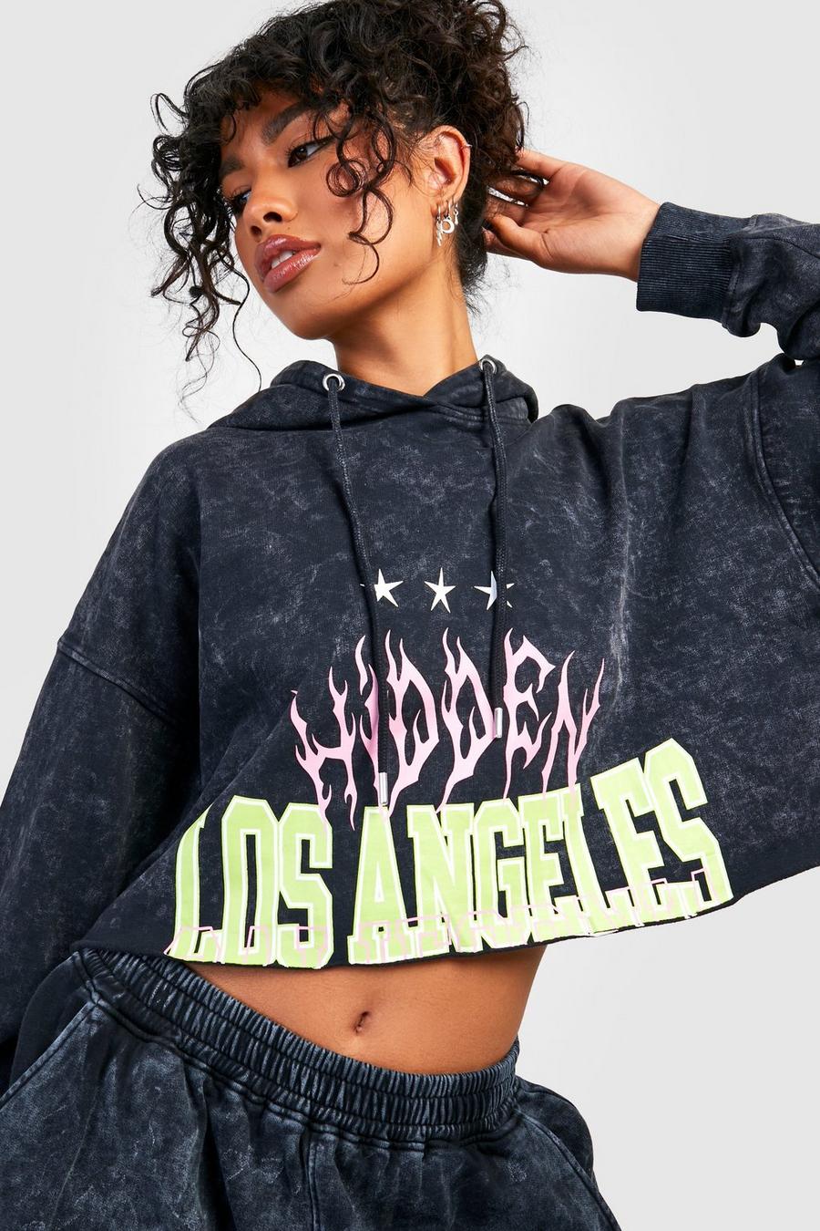 Sweat à capuche court surteint à slogan Los Angeles, Charcoal image number 1