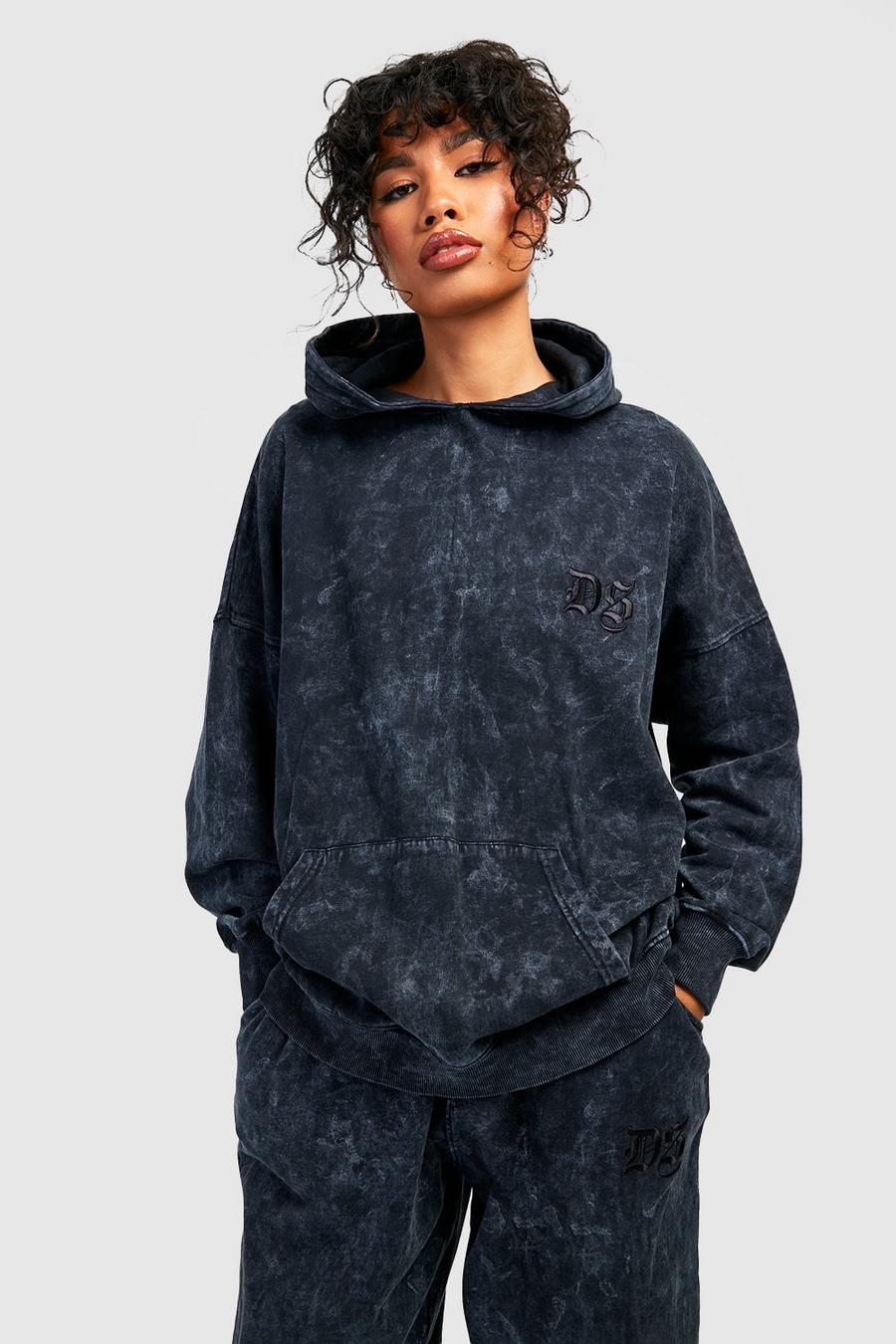 Charcoal grey Acid Wash Embroidered Oversized Hoodie image number 1