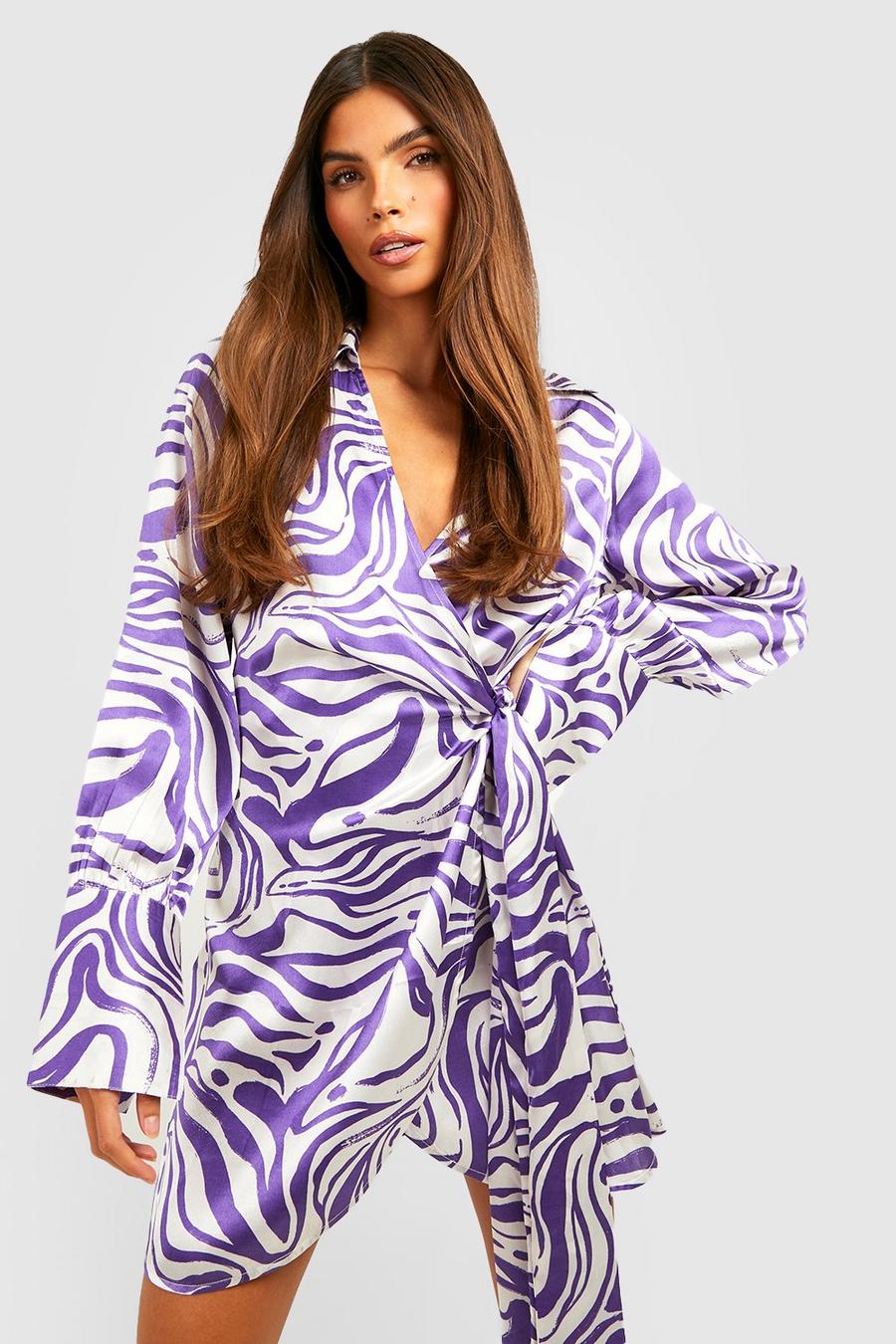 Purple Marble Tie Front Shirt Dress image number 1