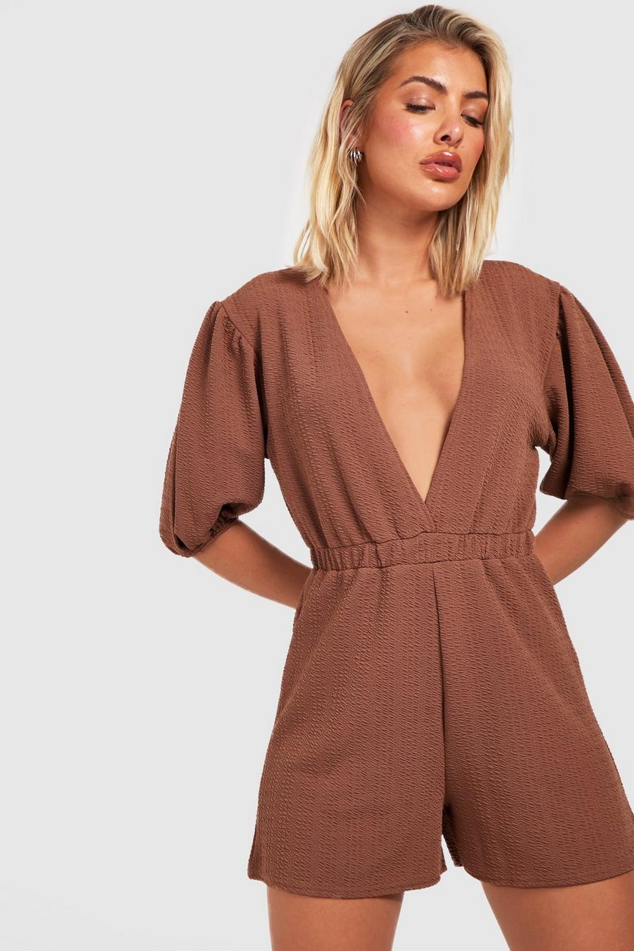 Chocolate Textured Puff Sleeve Plunge Playsuit image number 1