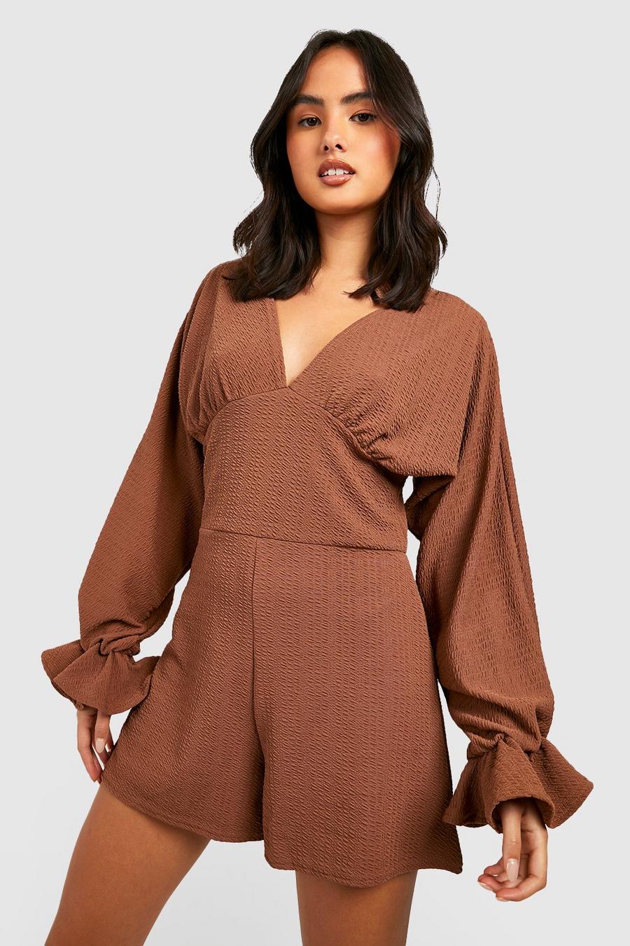 Chocolate brown Textured Puff Sleeve V Neck Romper
