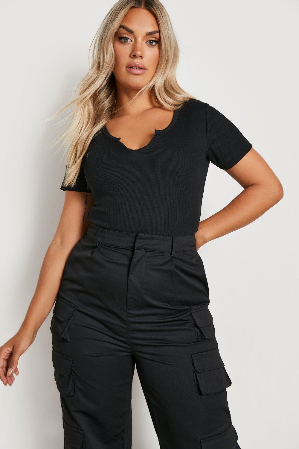 Women's Black Plus Notch Short Sleeve Bodysuit