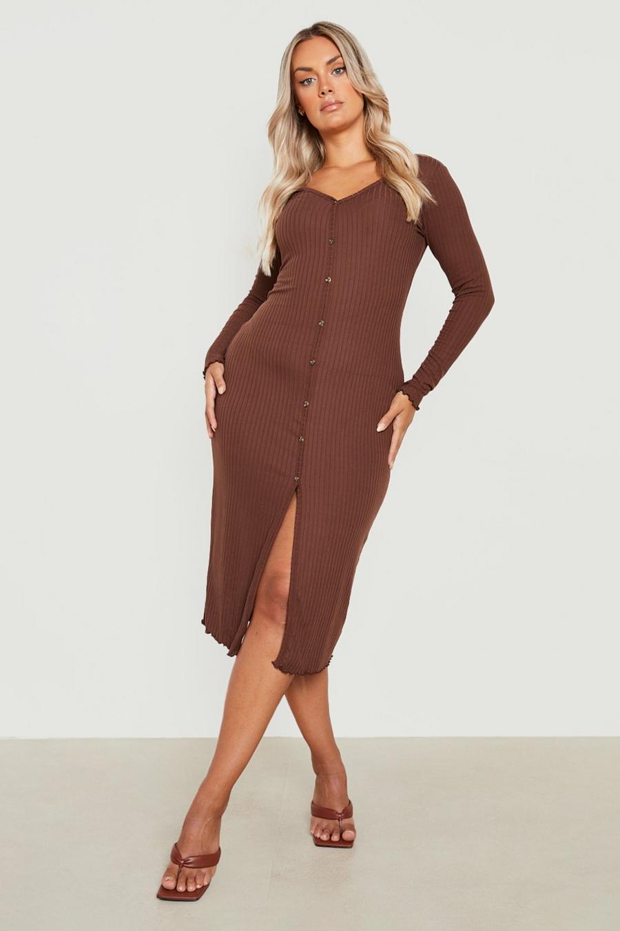 Chocolate Plus Ribbed Button Down Midi Dress image number 1