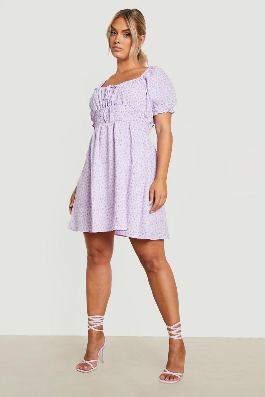 Lilac Plus Puff Sleeve Floral Mini Dress image number 1