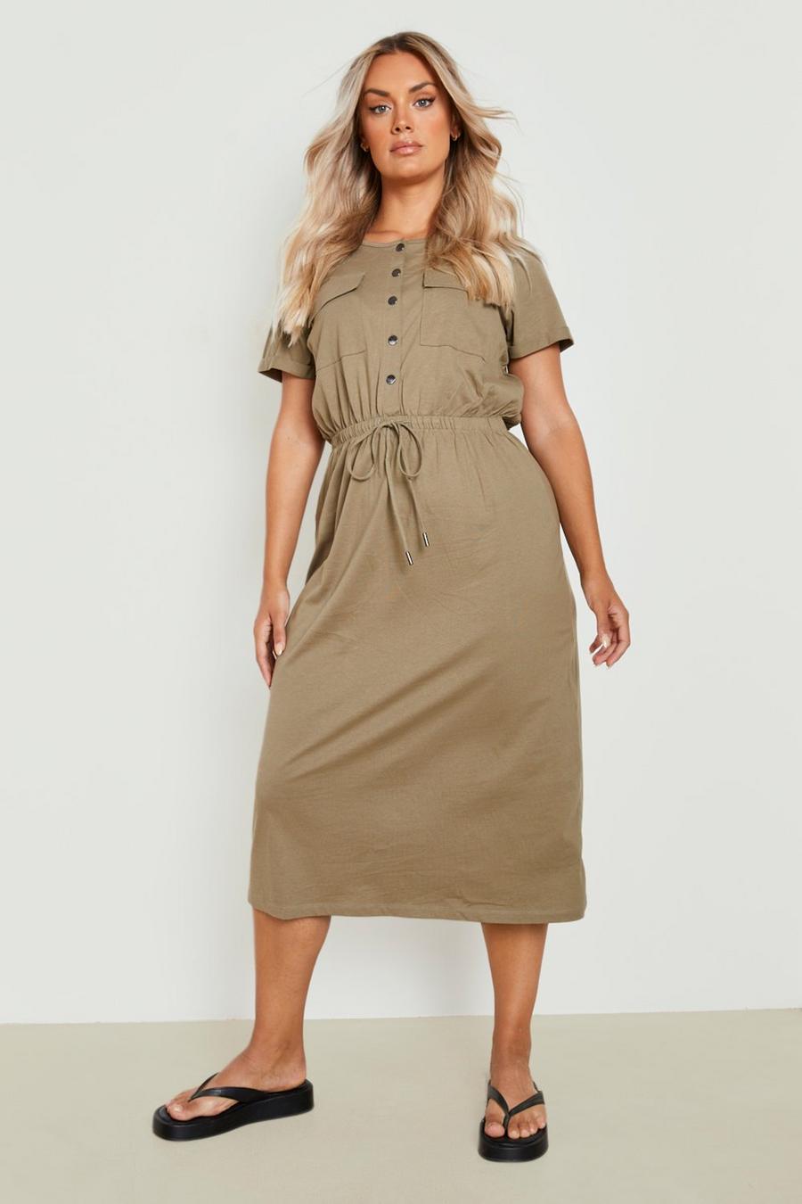 Khaki Plus Short Sleeve Tie Waist Midi Dress image number 1