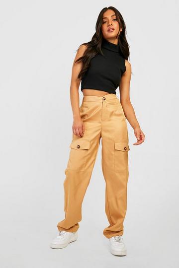 Petite V Waist Straight Leg Cargo Trouser camel