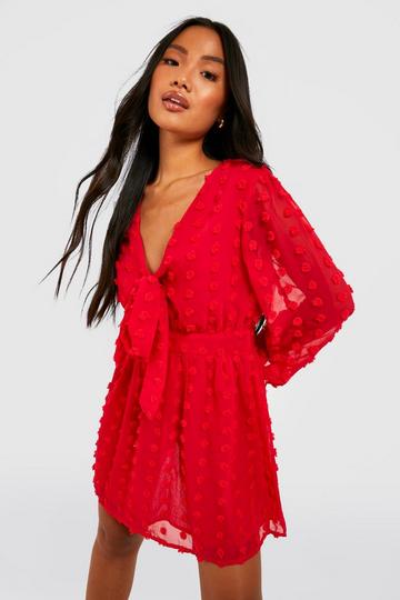 Red Petite Dobby Textured Tie Front Skater Dress