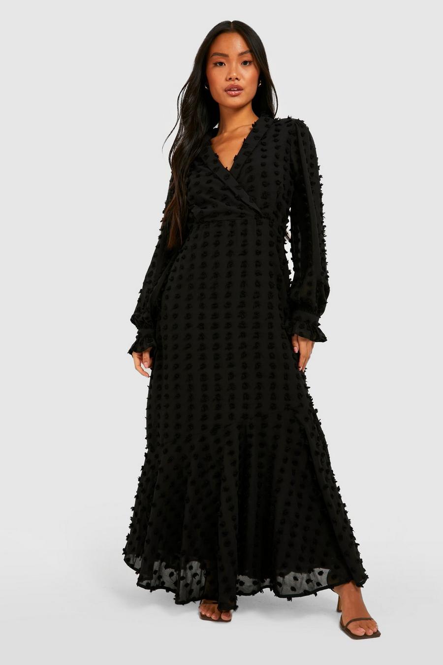 שחור שמלת מקסי מעטפת מאריג דובי עם טקסטורה, פטיט image number 1