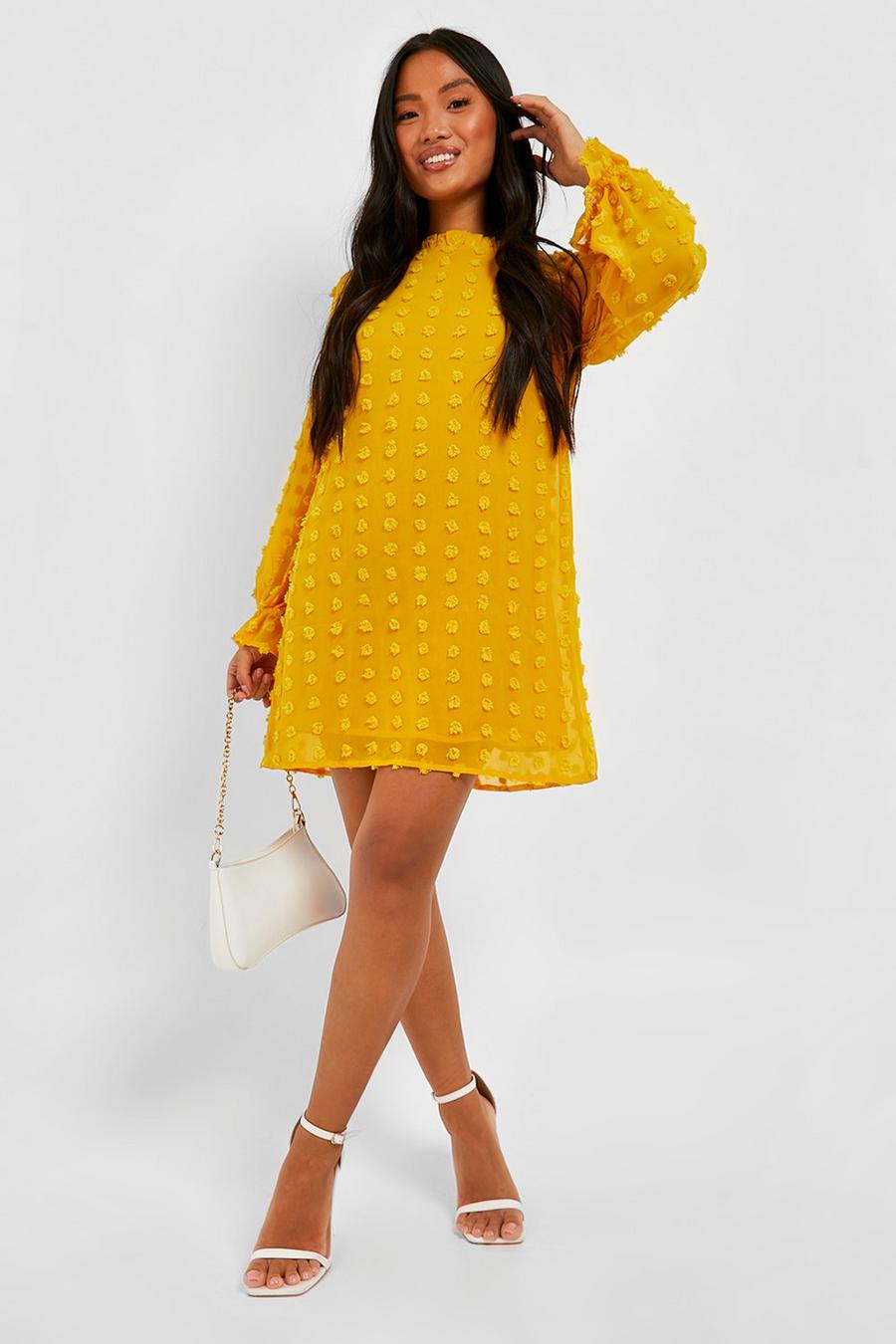 Mustard Petite Dobby Textured High Neck Shift Dress image number 1