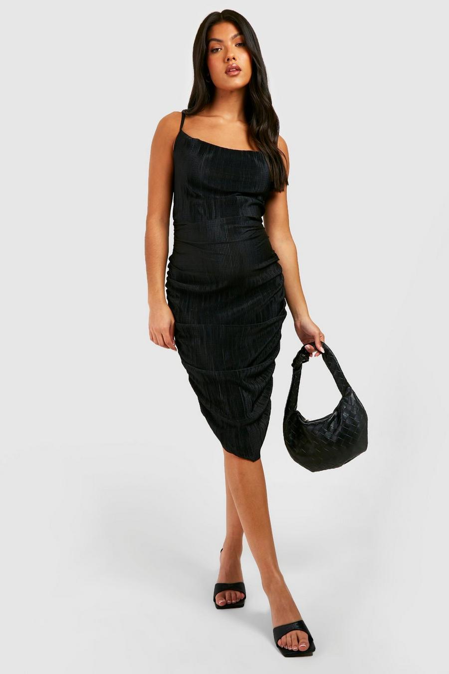 Black Maternity Plisse Strappy Cowl Midi Dress image number 1