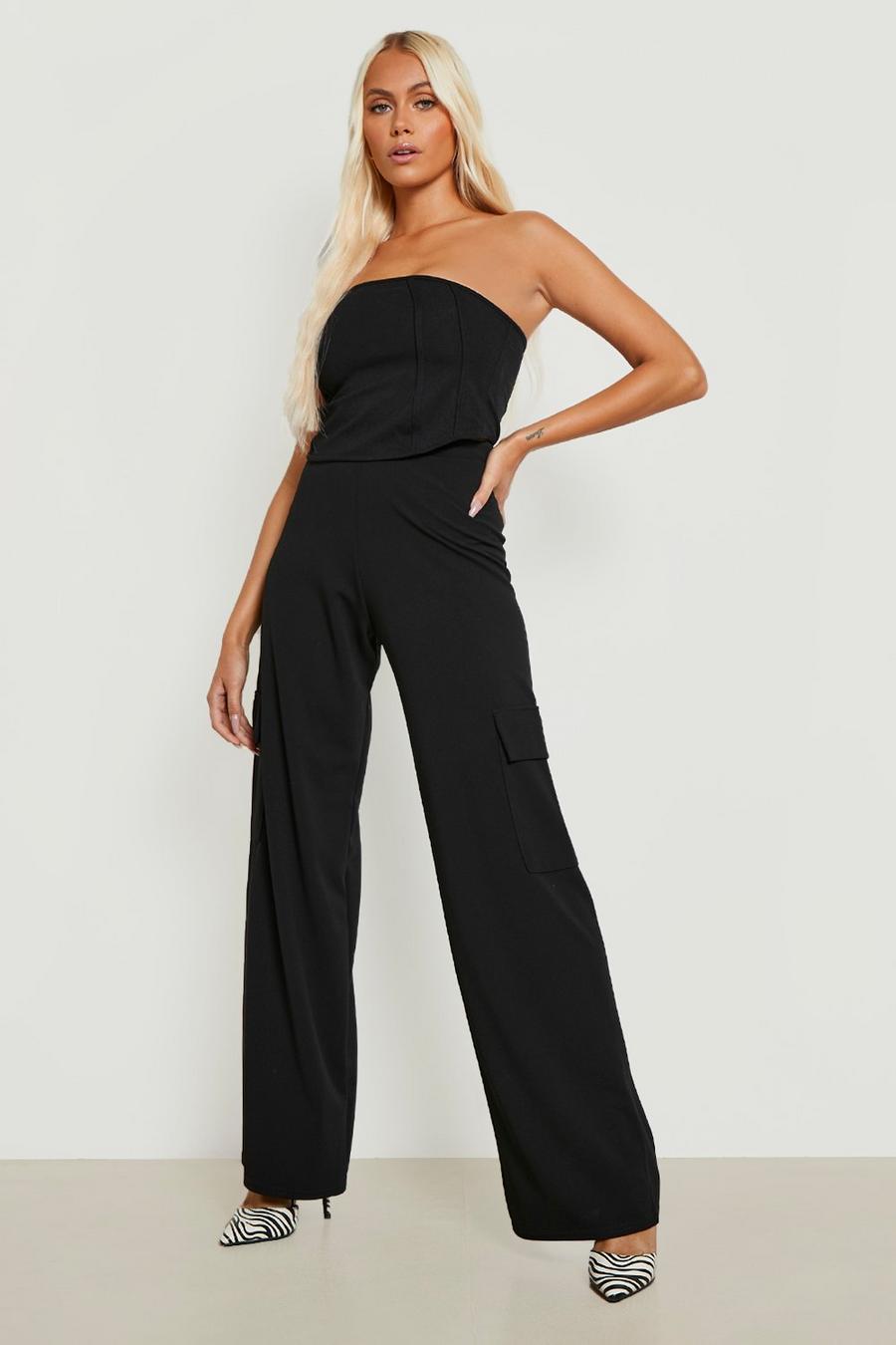 Black High Waisted Crepe Wide Leg Cargo Trousers image number 1