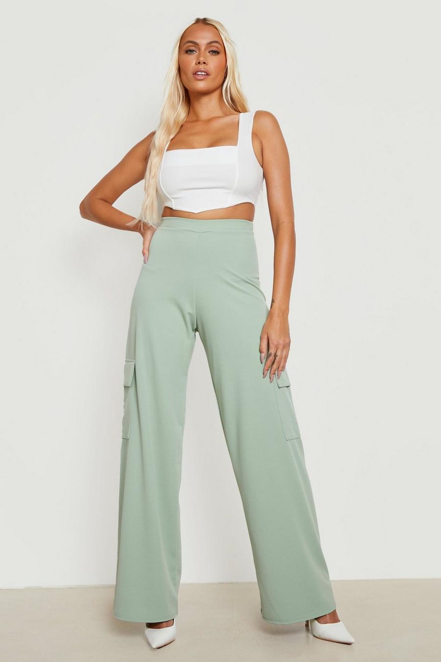 Sage green High Waisted Crepe Wide Leg Cargo Trousers