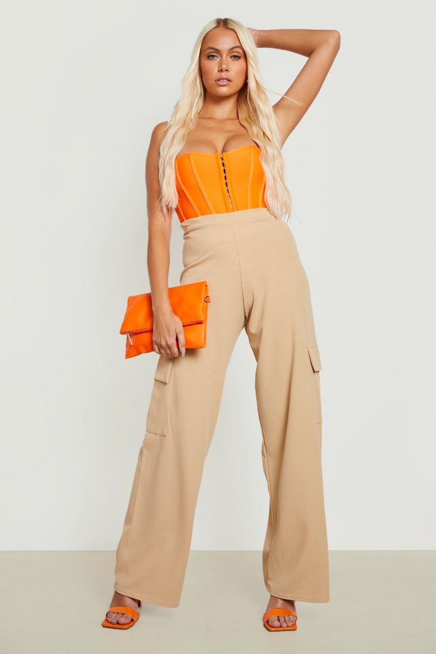 Stone High Waisted Crepe Wide Leg Cargo Trousers image number 1