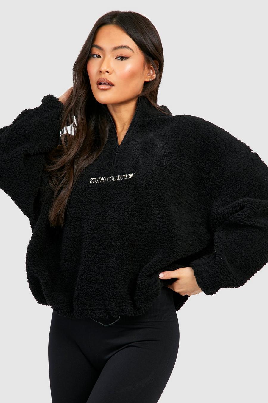 Black Premium Borg Toggle Hem Half Zip Sweater image number 1