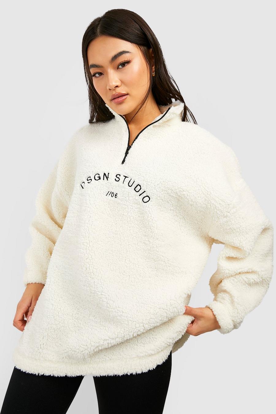 Ecru blanc Premium Borg Embroidered Half Zip Sweater 