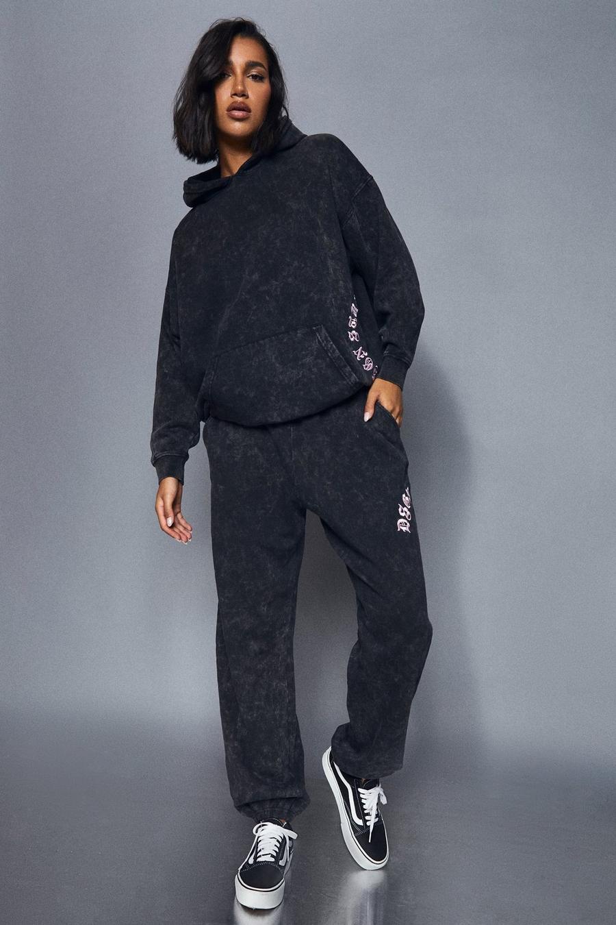 Charcoal grey Acid Wash 3d Embroidered Hooded Tracksuit 