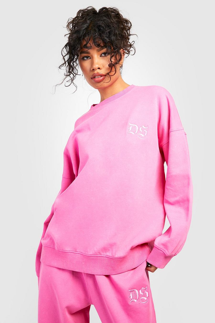 Pink Acid Wash Embroidered Oversized Sweater image number 1