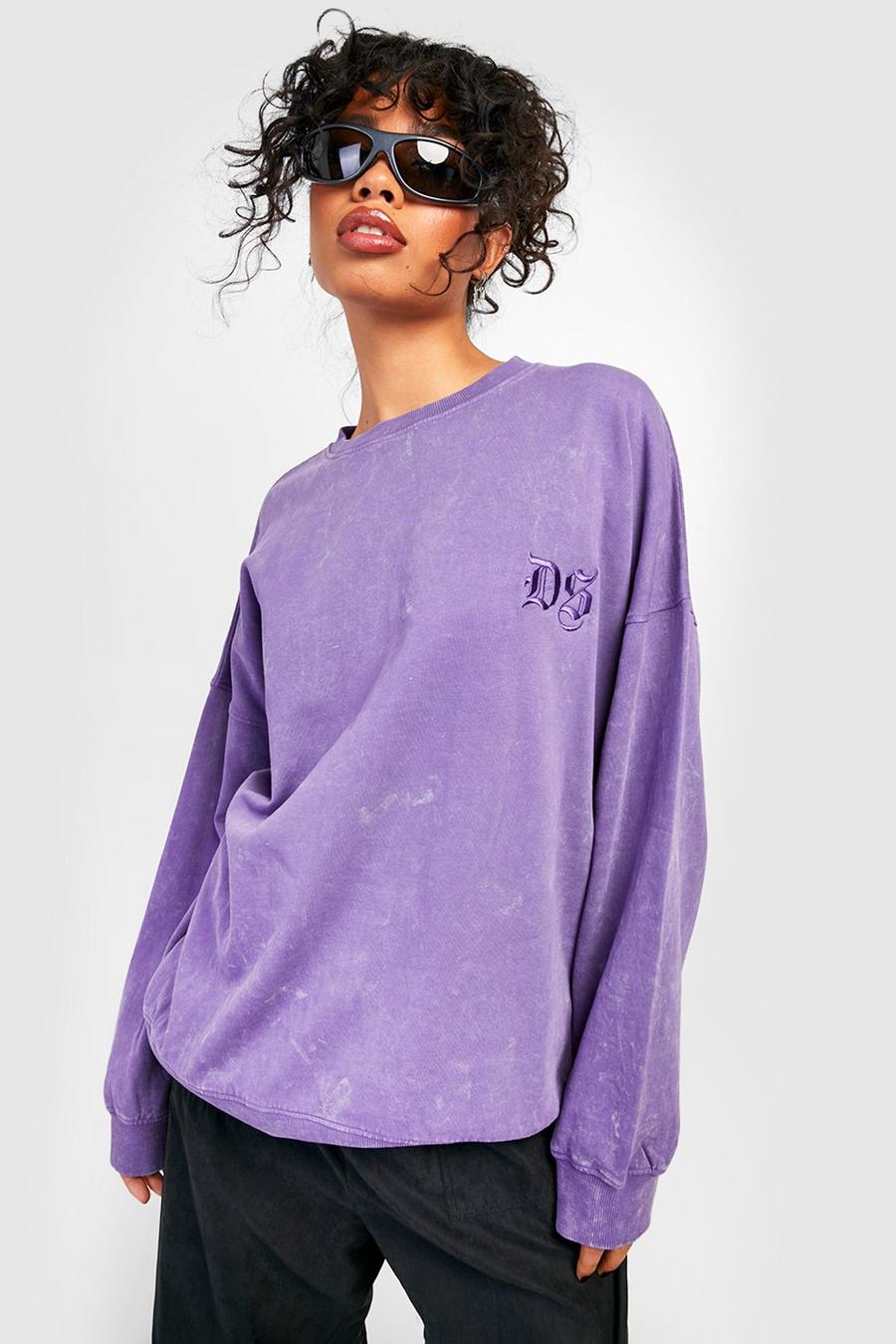 Purple Acid Wash Embroidered Oversized Sweater image number 1