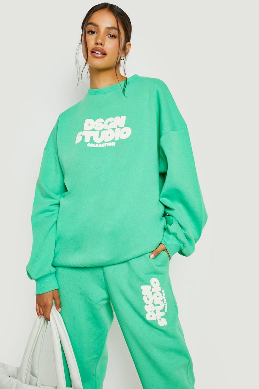 Green Slogan Printed Oversized Sweater Tracksuit  image number 1