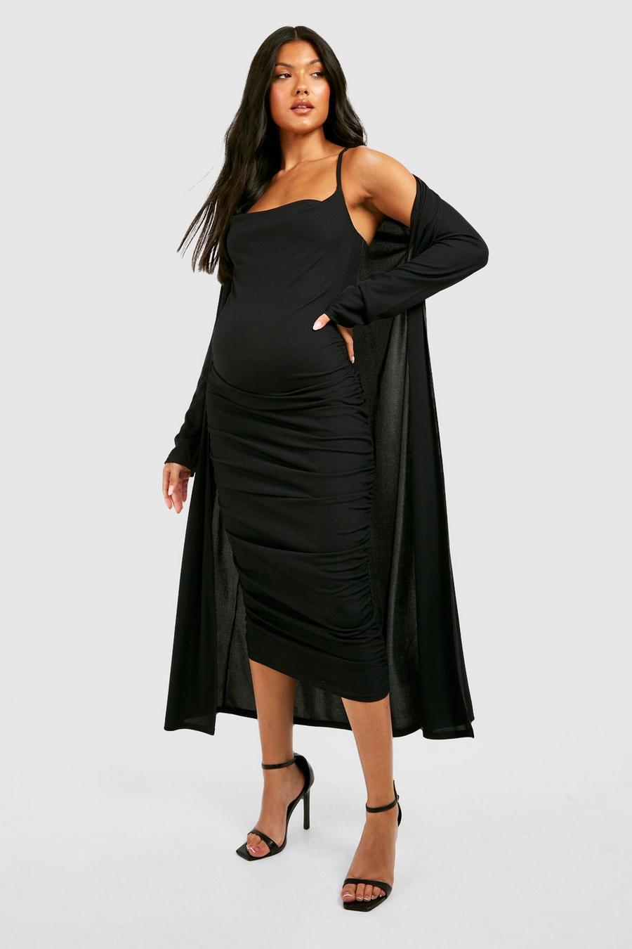 Black Maternity Rib Strappy Cowl Neck Dress Duster image number 1
