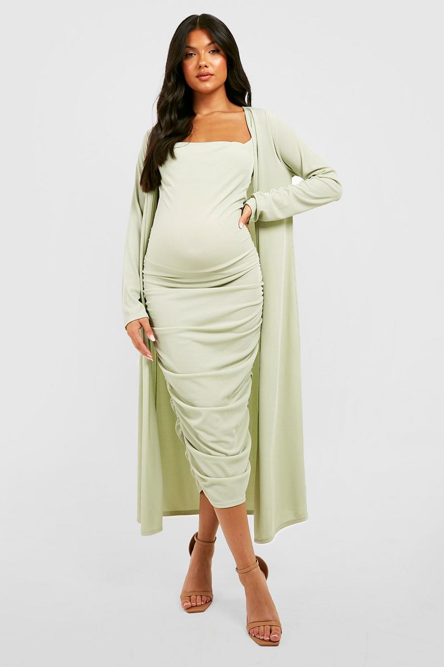 Sage Maternity Rib Strappy Cowl Neck Dress Duster image number 1