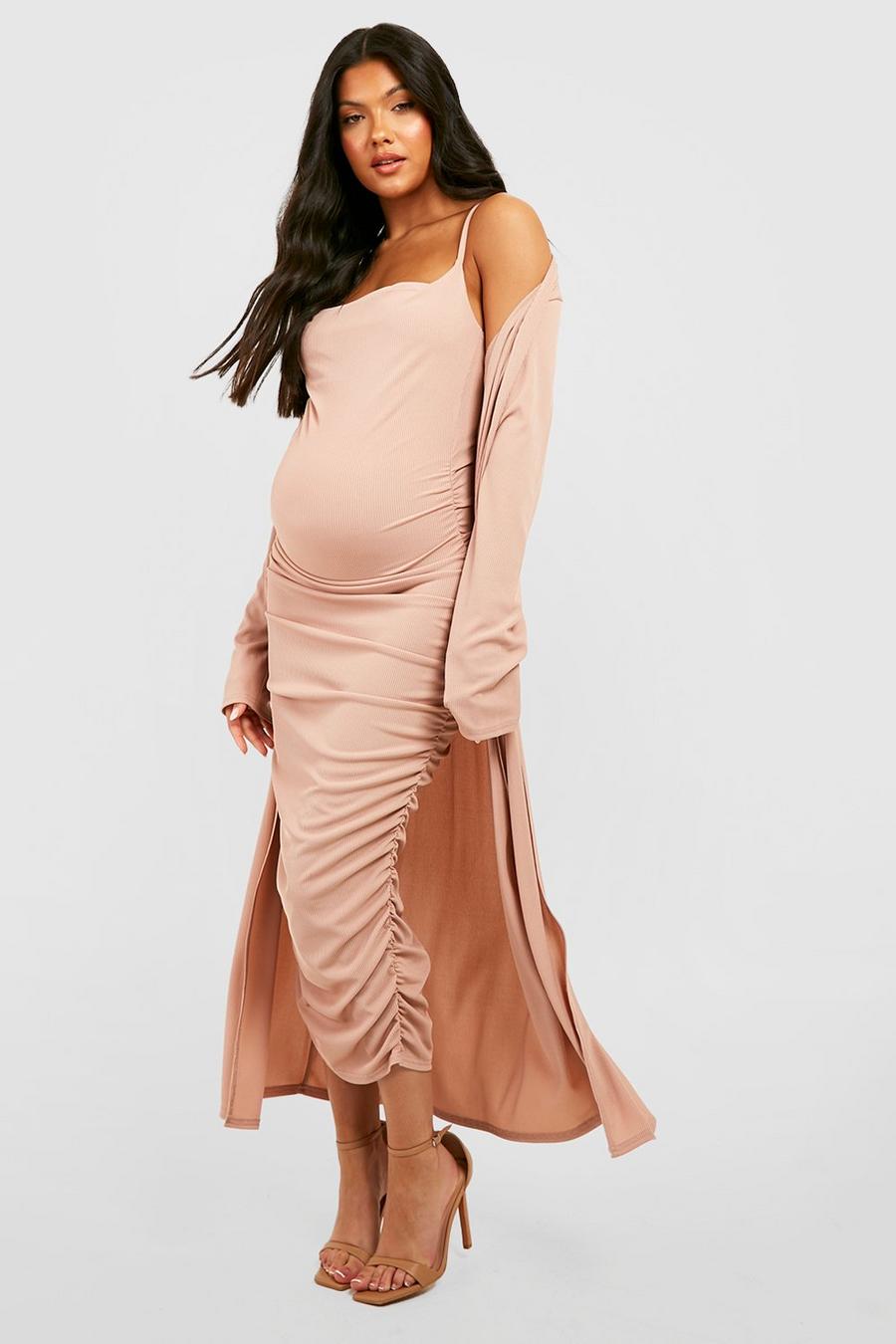 Sand beige Maternity Rib Strappy Cowl Neck Dress Duster