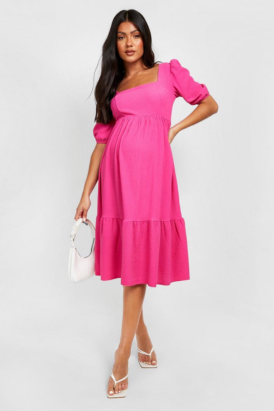 Pink Maternity Crinkle Ruffle Hem Midi Dress image number 1