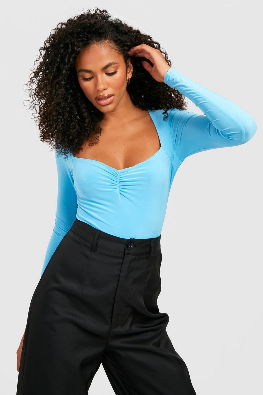 Blue Double Layer Slinky Ruched Front Bodysuit image number 1