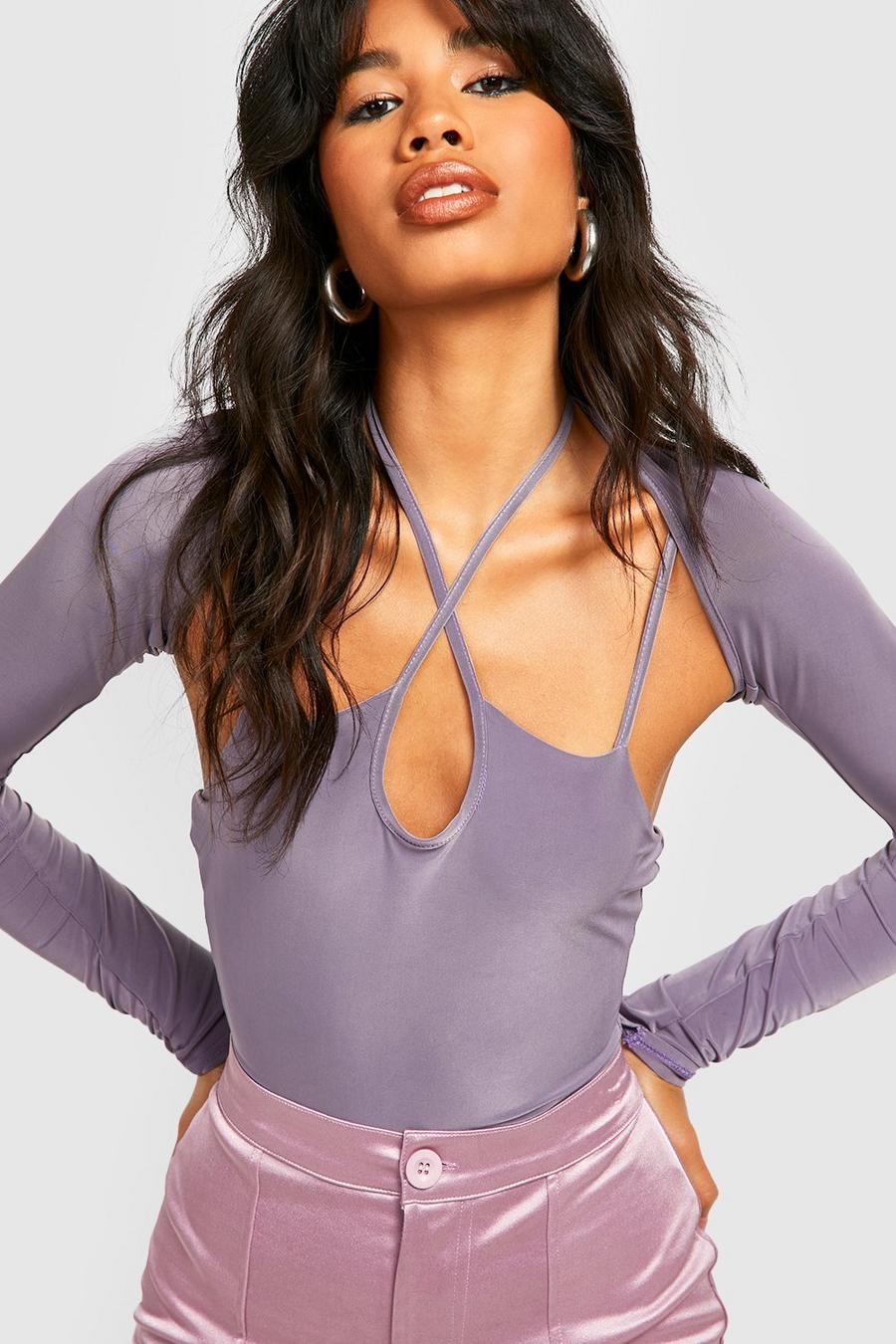 Grey Double Layer Slinky Strap Detail Bodysuit image number 1