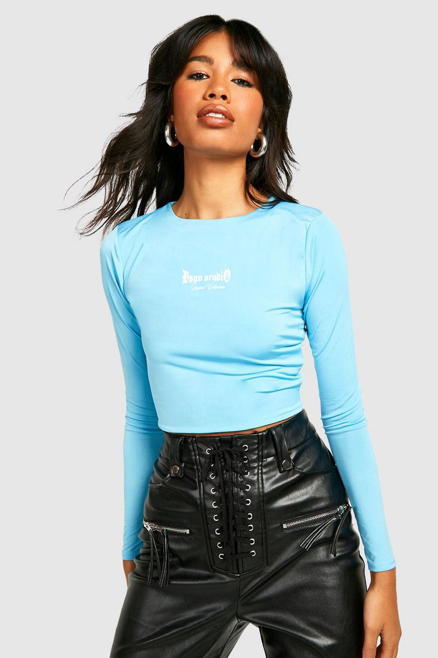 Blue Double Layer Slinky Long Sleeve Crop Top image number 1