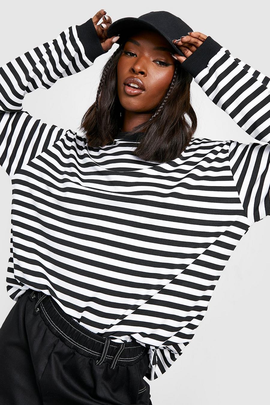 White Striped Long Sleeve Oversized T-shirt image number 1