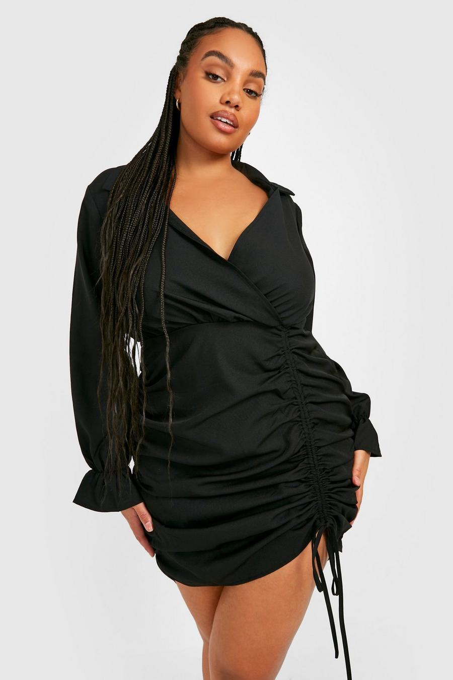 שחור שמלת חולצה עם כיווצים בשרוולים ושרוול ארוך, מידות גדולות image number 1
