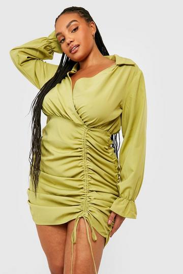 Olive Green Plus Ruched Detail Long Sleeve Shirt Dress