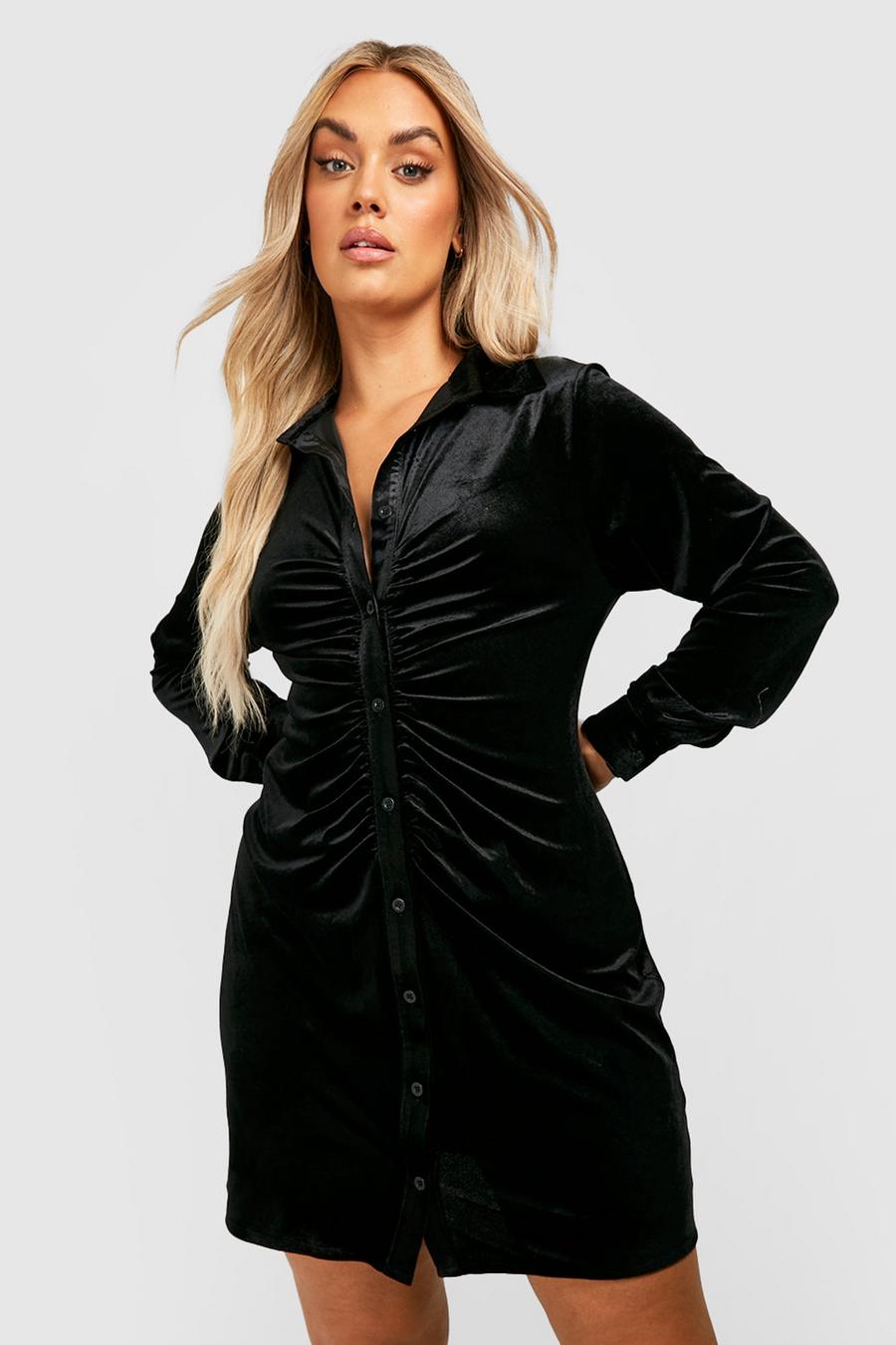 Black Plus Velvet Ruched Detail Shirt Dress image number 1